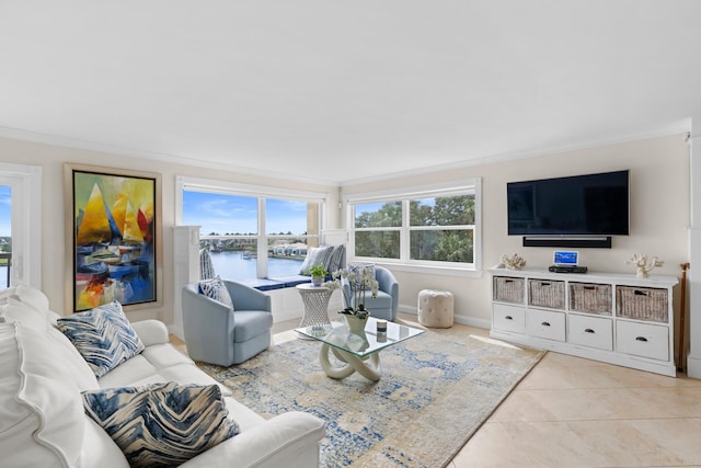 living room featuring light tile patterned flooring and crown molding