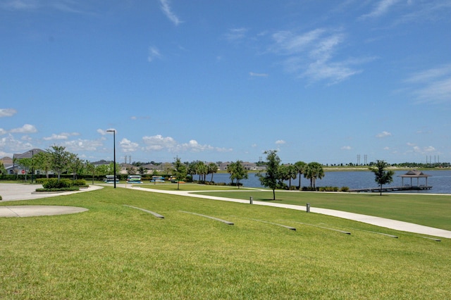 view of community featuring a water view and a yard