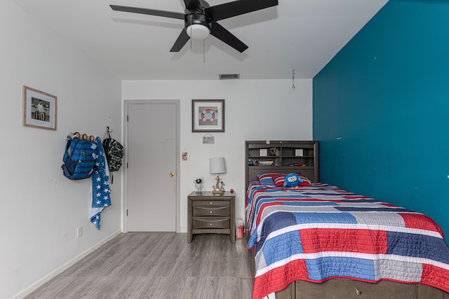 bedroom with ceiling fan and wood-type flooring