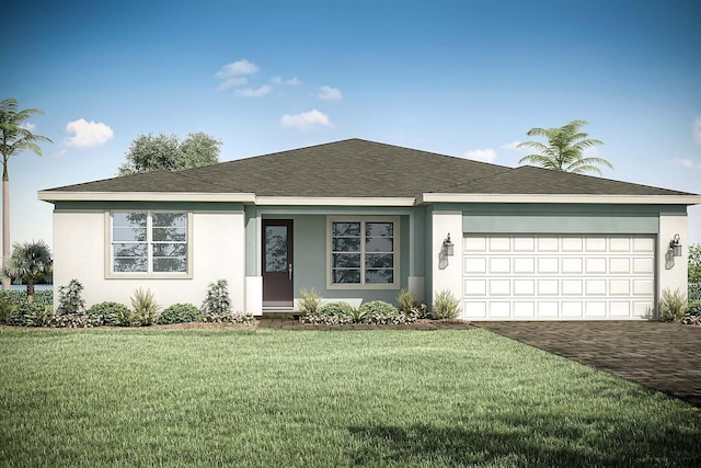 single story home featuring a front yard and a garage