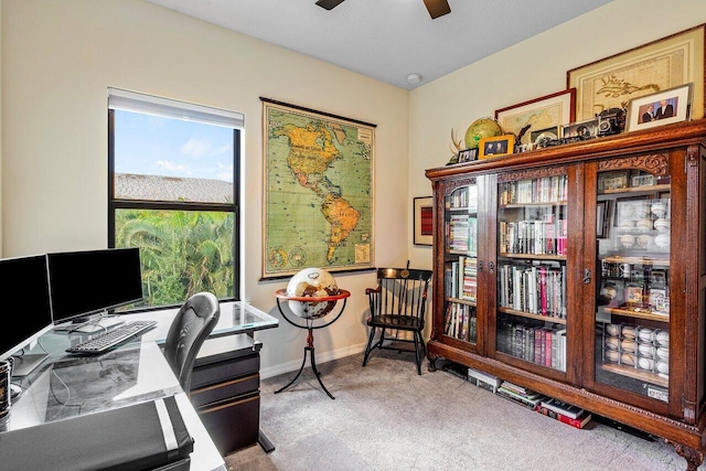 office with ceiling fan and light carpet