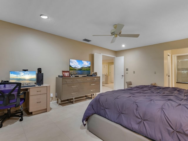 bedroom with ceiling fan and ensuite bathroom