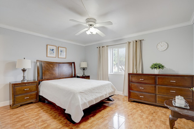 bedroom featuring ceiling fan and ornamental molding