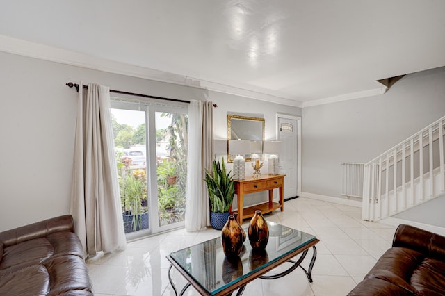 tiled living room with crown molding