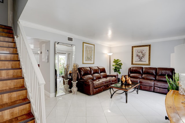 tiled living room with ornamental molding