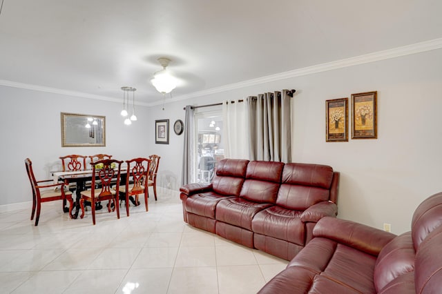 tiled living room featuring ceiling fan and crown molding