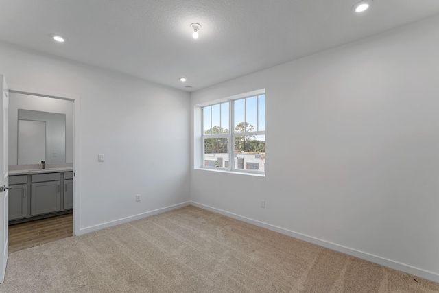 spare room with light colored carpet and sink