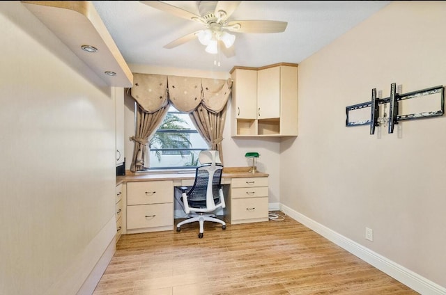 office space featuring ceiling fan and light wood-type flooring