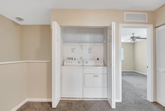 washroom with separate washer and dryer, carpet flooring, and ceiling fan