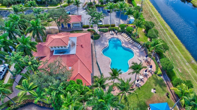 drone / aerial view featuring a water view