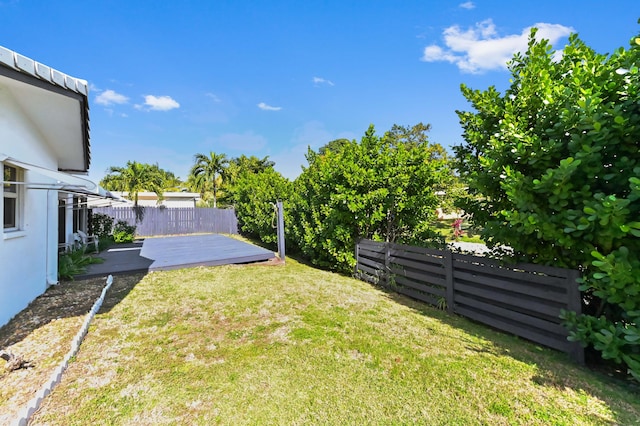 view of yard featuring a fenced backyard and a wooden deck