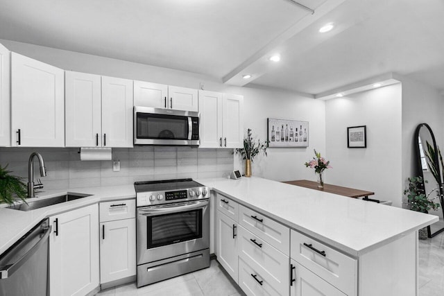 kitchen with white cabinetry, stainless steel appliances, decorative backsplash, sink, and kitchen peninsula