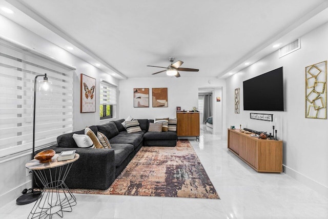 living room with ceiling fan