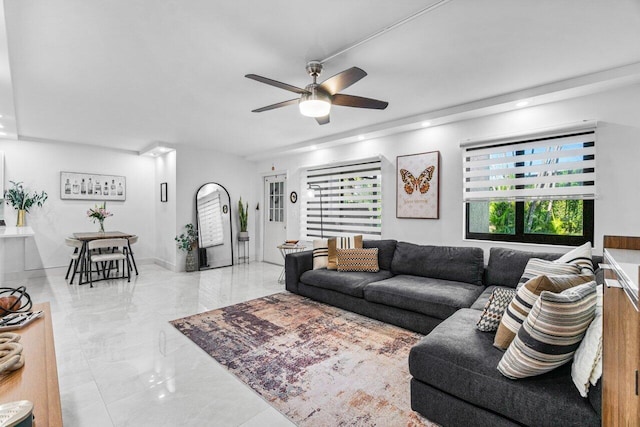 living room featuring ceiling fan