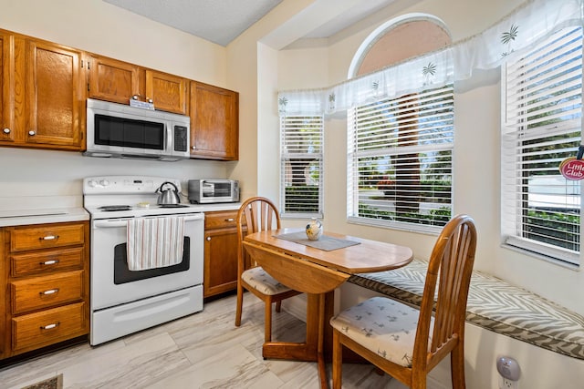 kitchen with white electric range and plenty of natural light