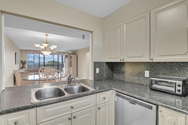 kitchen with a chandelier, stainless steel dishwasher, white cabinets, and sink