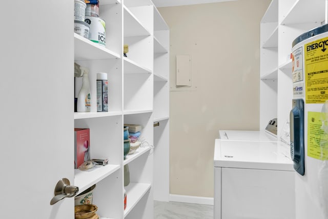 laundry room featuring water heater and independent washer and dryer