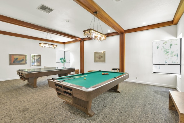 recreation room featuring a chandelier, billiards, beamed ceiling, and dark colored carpet