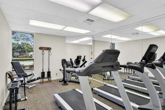 workout area with a paneled ceiling and carpet flooring