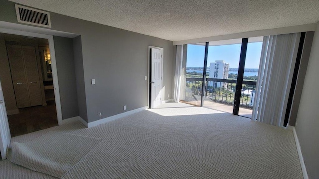 carpeted empty room featuring a wall of windows and a textured ceiling