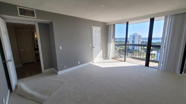 spare room featuring a wall of windows, a textured ceiling, and carpet flooring