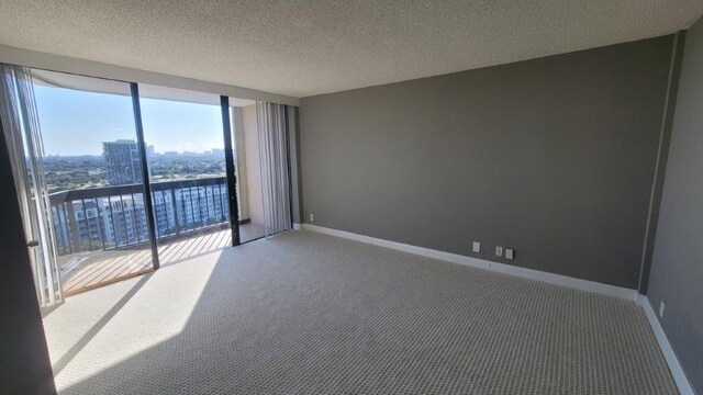 carpeted spare room featuring a wall of windows and a textured ceiling