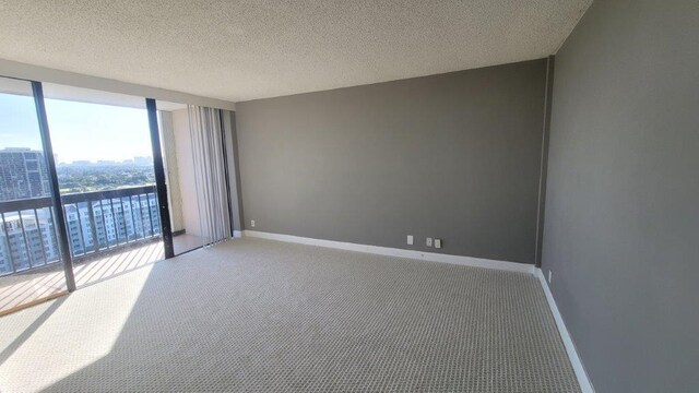 unfurnished room featuring expansive windows, a textured ceiling, and carpet flooring