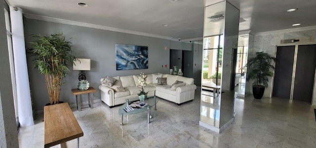 living room with elevator and crown molding