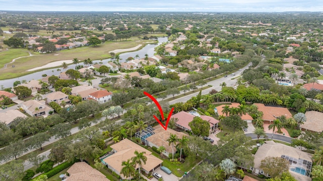 bird's eye view featuring a residential view, a water view, and golf course view