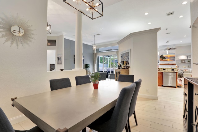 dining area with baseboards, visible vents, crown molding, and recessed lighting