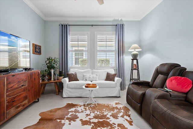 living room featuring light tile patterned floors, ceiling fan, and crown molding