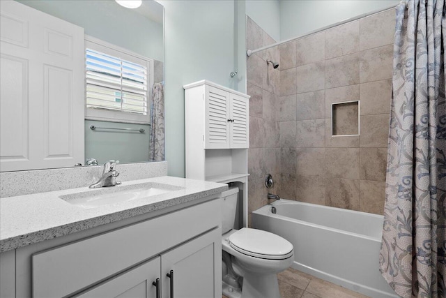 full bathroom featuring toilet, tile patterned flooring, shower / tub combo with curtain, and vanity