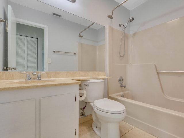 full bathroom with shower / bathing tub combination, tile patterned flooring, vanity, and toilet