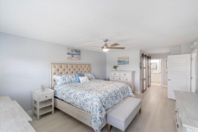 bedroom with light wood-type flooring and ceiling fan