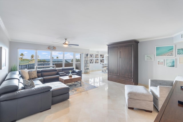 living room with ceiling fan and crown molding