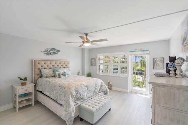 bedroom with access to outside, light wood-type flooring, and ceiling fan