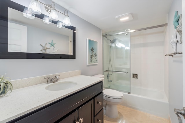 full bathroom with toilet, tile patterned flooring, bath / shower combo with glass door, and vanity