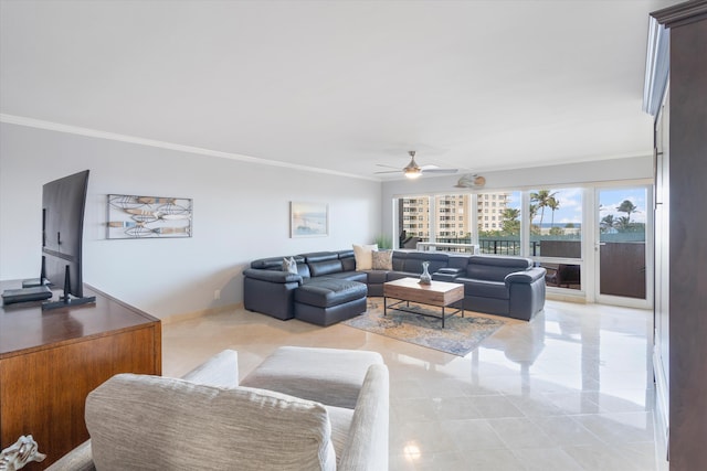 living room featuring ornamental molding and ceiling fan