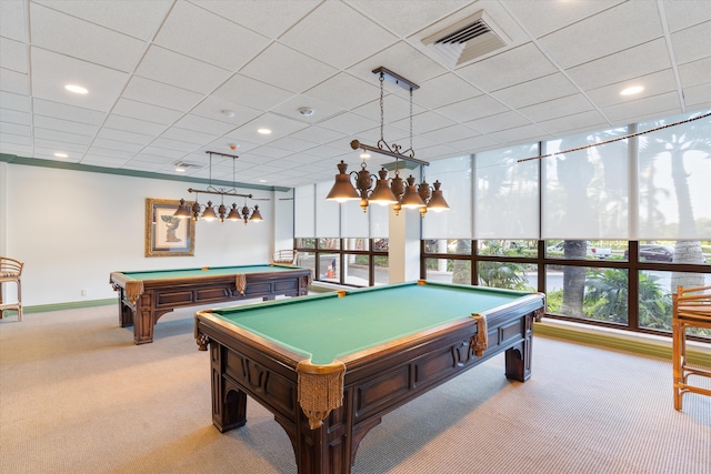 recreation room featuring floor to ceiling windows, billiards, and light carpet