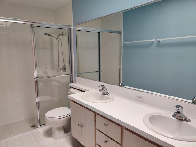 bathroom with vanity, an enclosed shower, tile patterned floors, and toilet