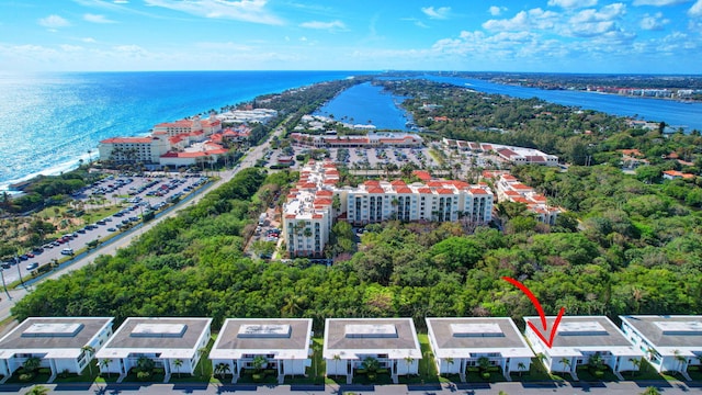 drone / aerial view featuring a water view