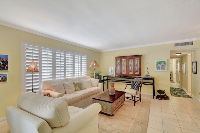 living room featuring light tile patterned floors and crown molding