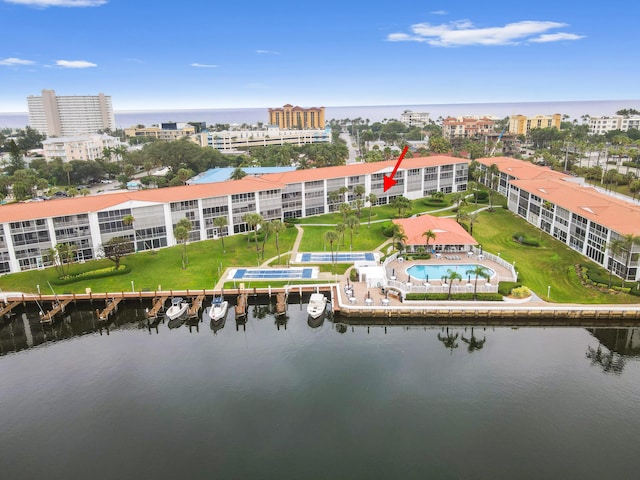 bird's eye view with a water view