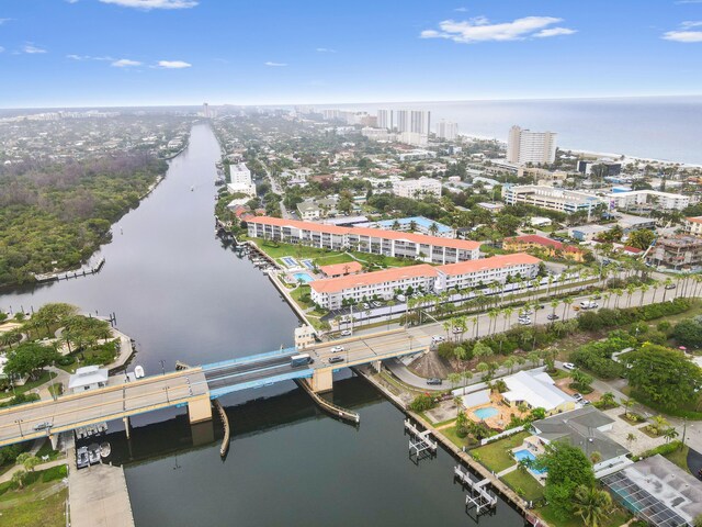 bird's eye view with a water view