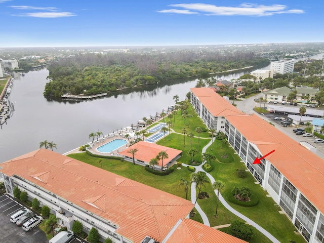 drone / aerial view featuring a water view