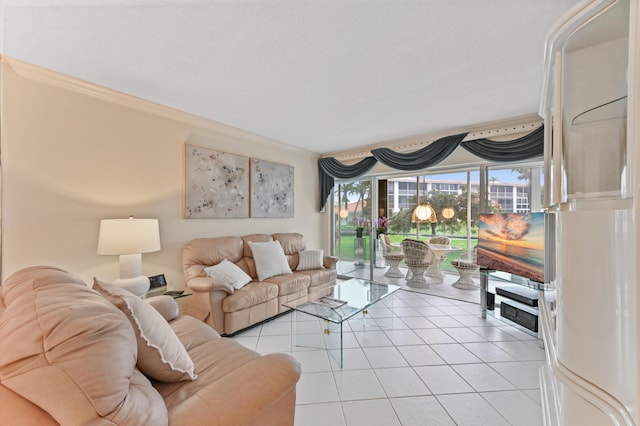 living room featuring light tile patterned flooring and ornamental molding