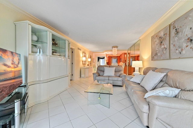 living room featuring crown molding and light tile patterned floors