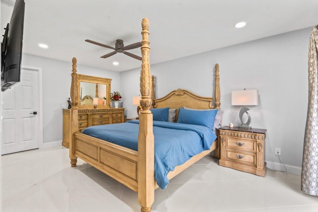 bedroom featuring ceiling fan and light tile patterned floors