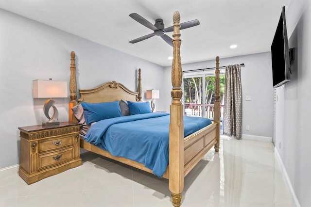 bedroom featuring ceiling fan, access to exterior, and light tile patterned floors