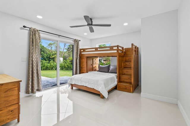 tiled bedroom with access to exterior and ceiling fan